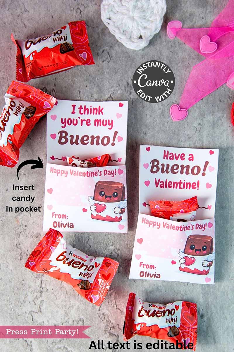 Mini Kinder Bueno Valentines: Two cards with “I think you’re my Bueno!” and “Have a Bueno! Valentine!” messages, each holding a Kinder Bueno mini chocolate, surrounded by more chocolates and heart decorations.