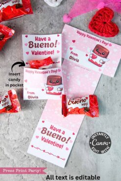 Mini Kinder Bueno Valentines: Printable cards with a cartoon chocolate holding a heart, “Have a Bueno! Valentine” text, space for Kinder Bueno candy, editable sender/recipient fields, and a pink heart background.