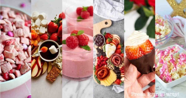 A collage of six different Valentine’s Day snacks: pink puppy chow, a fondue platter, raspberry smoothie, charcuterie board, chocolate-dipped strawberry, and pink-themed popcorn in a bowl.