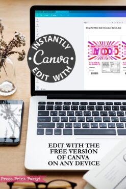 A laptop on a desk shows the Valentine Chocolate Wrap for Mini Aldi Choceur design open in Canva. Text: