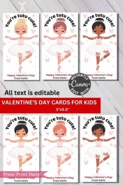 A set of five Ballerina Valentine Cards for Hair Scrunchie, featuring diverse girls in pink tutus with “You’re tutu cute!” and “Happy Valentine’s Day! From Katie.” Perfect for kids.