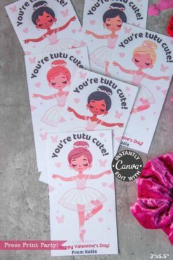 The Ballerina Valentine Cards for Hair Scrunchie feature six illustrated diverse girls in white tutus with