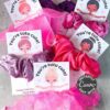 Ballerina Valentine Cards for Hair Scrunchie feature pink and purple scrunchies or tutu hair accessories attached to cards that say “You’re tutu cute!” Each card has an illustrated girl in a tutu on a gray background.