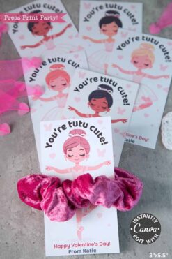 A set of Ballerina Valentine Cards for Hair Scrunchie, featuring a pink scrunchie and a pink hair band.