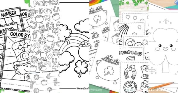 A collage of St. Patrick's Day-themed coloring pages featuring rainbows, pots of gold, shamrocks, leprechauns, and color-by-number activities on white paper with colorful art supplies in the corners.