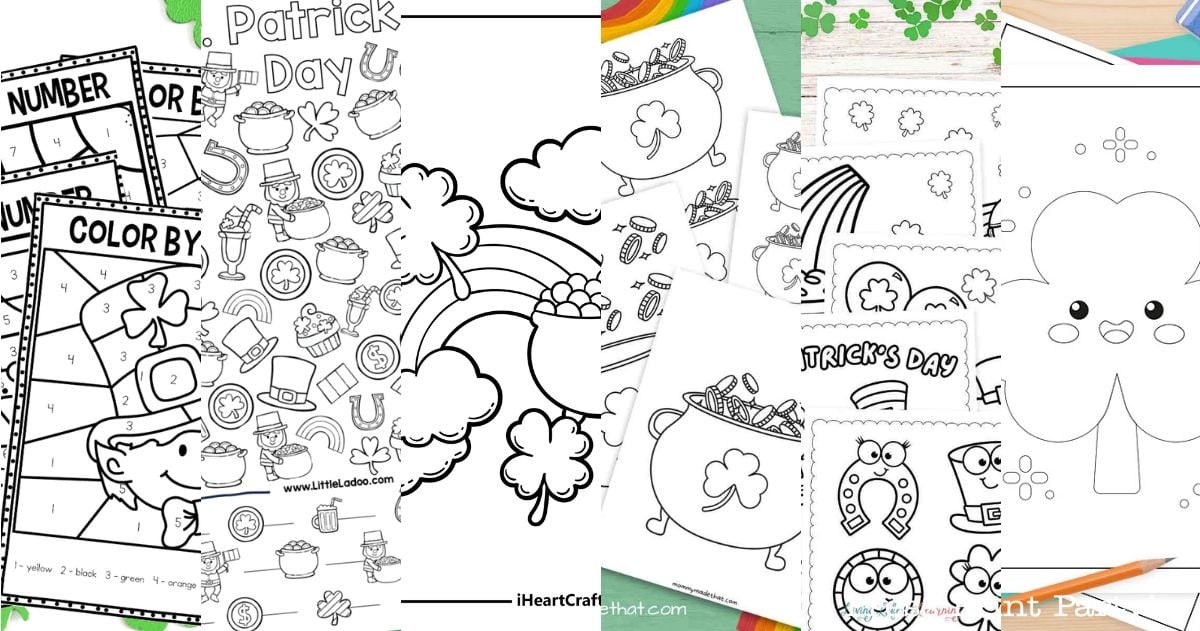 A collage of St. Patrick's Day-themed coloring pages featuring rainbows, pots of gold, shamrocks, leprechauns, and color-by-number activities on white paper with colorful art supplies in the corners.