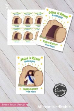 The Jesus Is Risen Easter Card for Mini Figurine is displayed on a wooden surface, featuring an editable card with illustrations of Jesus emerging from the tomb and the message: “Jesus is Risen! Hallelujah! Happy Easter! From Katie.”.