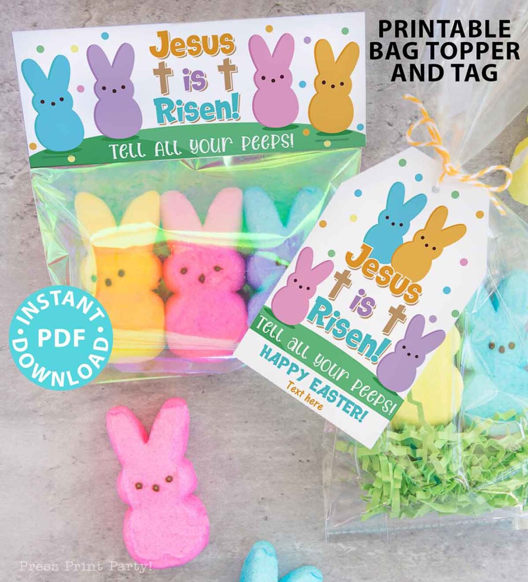 A clear bag of colorful marshmallow bunny candies with a topper and tag that read “Jesus is Risen! Tell all your peeps! Happy Easter!” surrounded by pastel bunny images and green paper grass.