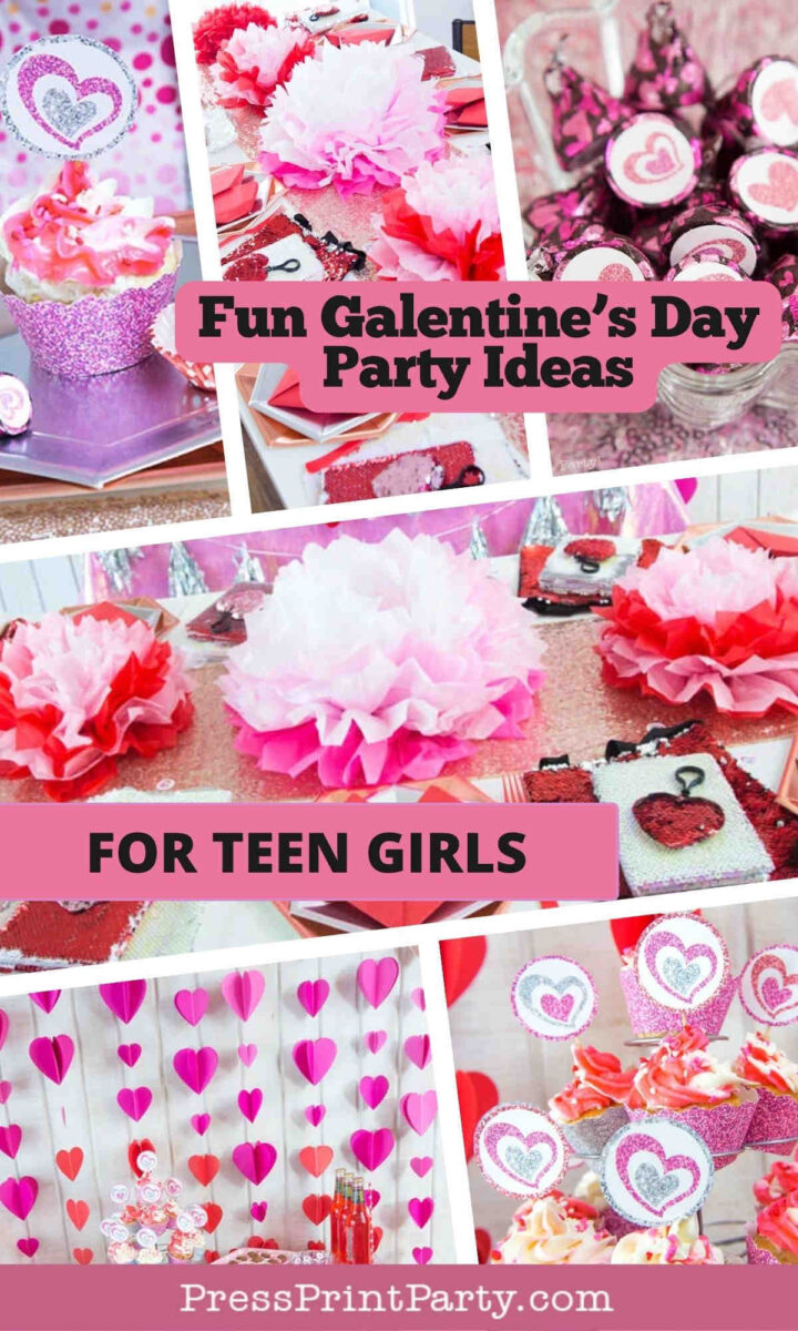 A collage of pink and red Galentine’s Day party decorations, treats, paper flowers, heart-shaped crafts, and table settings for teen girls, with text reading “Fun Galentine’s Day Party Ideas for Teen Girls.”.