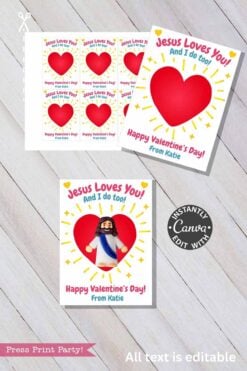 The Jesus Loves You Valentine Card features a large red heart, “Jesus Loves You! And I do too! Happy Valentine’s Day! From Katie,” and an illustration of Jesus. Includes scissors and editing instructions—great party favors for kids.