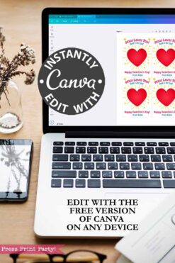 A laptop on a desk shows Canva editing software with the
