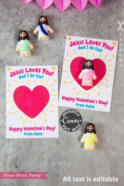 The Jesus Loves You Valentine Card displays “Jesus Loves You! And I do too!” above a red heart, includes a small Jesus figurine and panda party favors, and says “Happy Valentine’s Day! From Katie.”.