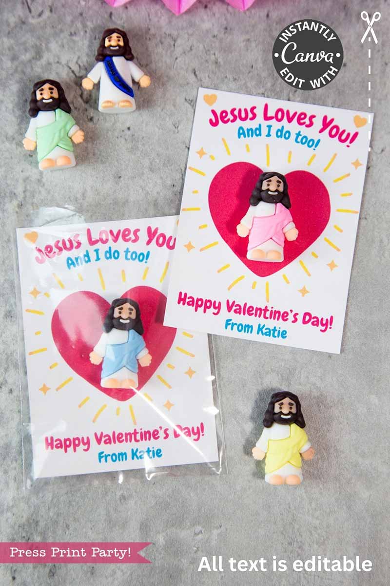 Two "Jesus Loves You Valentine Card" cards with cartoon Jesus and heart backgrounds say, "Jesus Loves You! And I do too! Happy Valentine's Day! From Katie." Nearby are three small clay Jesus figurines and panda party favors.