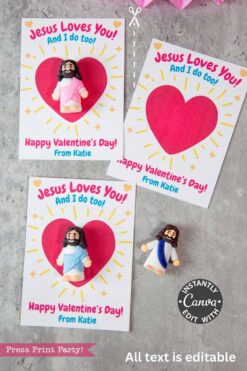The Jesus Loves You Valentine Card is fully editable and comes with three designs. Two include mini clay Jesus figurines, great for panda party favors, and one features a heart. Each has the message “Jesus Loves You! And I do too! Happy Valentine’s Day!”.