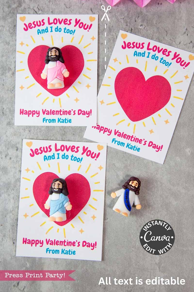 The Jesus Loves You Valentine Card is fully editable and comes with three designs. Two include mini clay Jesus figurines, great for panda party favors, and one features a heart. Each has the message “Jesus Loves You! And I do too! Happy Valentine’s Day!”.