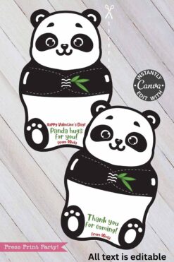 Two cute Panda Party Favors Treat Holders on a wooden surface. One says