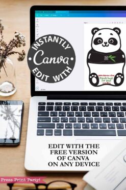A laptop displays a Canva design for