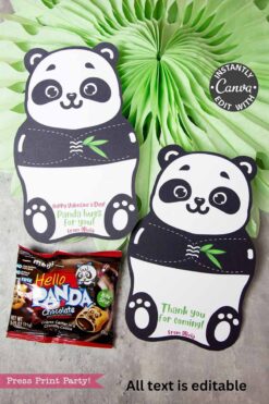 Two adorable Panda Party Favors Treat Holder - Valentine & Party are shown with Hello Panda chocolate cookies and festive Valentine's Day Socks, all displayed on a green decorative paper background.