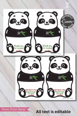 Two Panda Party Favors Treat Holders feature cartoon pandas with editable text: “Thank you for coming!” and “Happy Valentine’s Day! Panda hugs for you!”—the perfect pairing for Valentine & Party gifts like socks.
