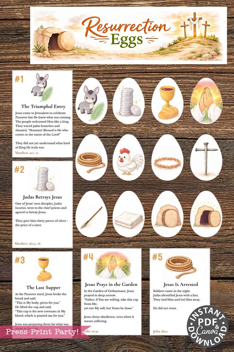 Resurrection Eggs printable cards with 12 egg-shaped images and matching story cards to tell the Easter story