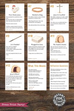 Resurrection Eggs printable cards with 12 egg-shaped images and matching story cards to tell the Easter story