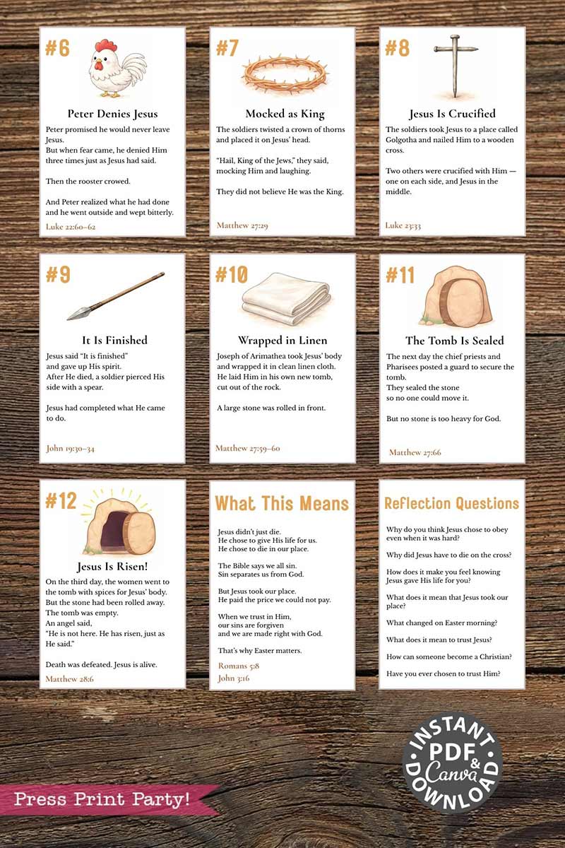 Resurrection Eggs printable cards with 12 egg-shaped images and matching story cards to tell the Easter story