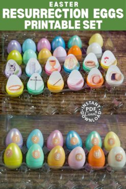 The Printable Resurrection Eggs Set includes colorful eggs in a clear carton, each numbered and topped with a paper icon showing a scene from the Easter story, under the text