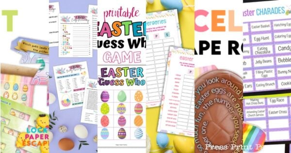 A colorful collage of printable Easter-themed games and activities, including word searches, charades, egg hunt clues, and matching games, decorated with eggs, bunnies, and festive pastel designs.
