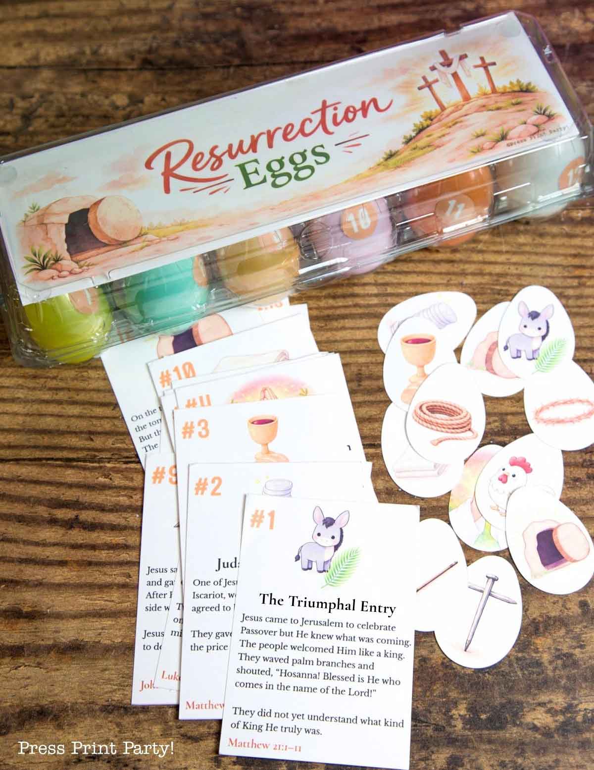 Resurrection Eggs printable set with egg-shaped story cards and coordinating Easter story cards for families