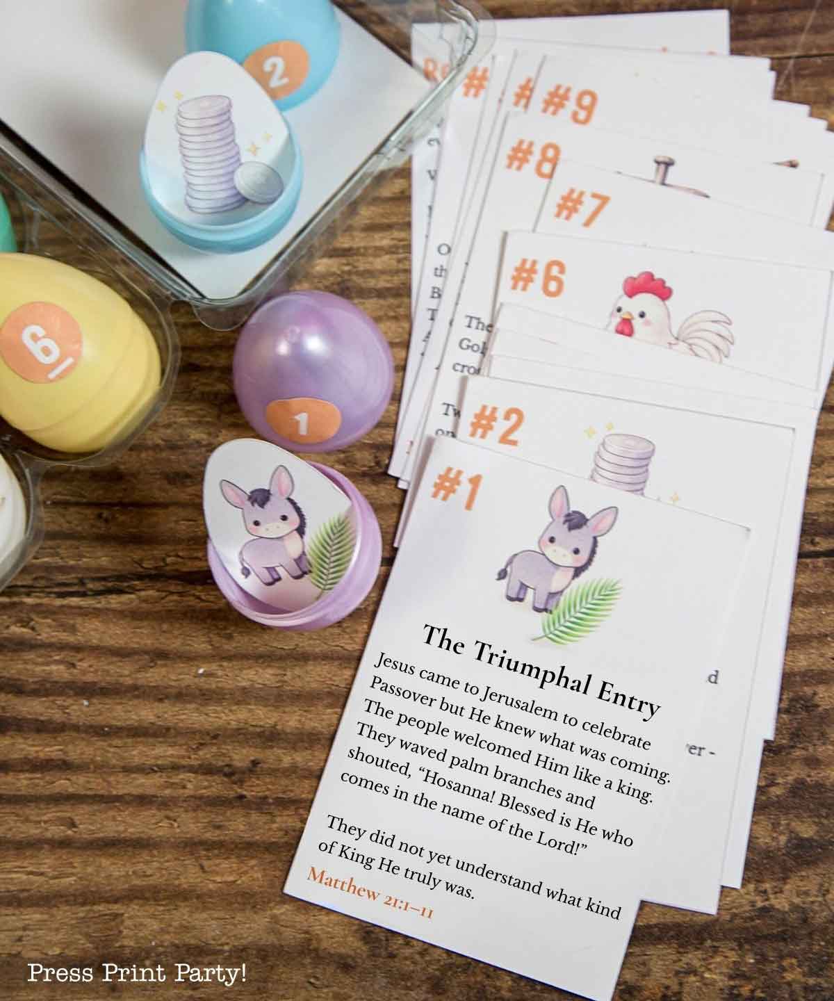 Resurrection Eggs printable set with egg-shaped story cards and coordinating Easter story cards for families