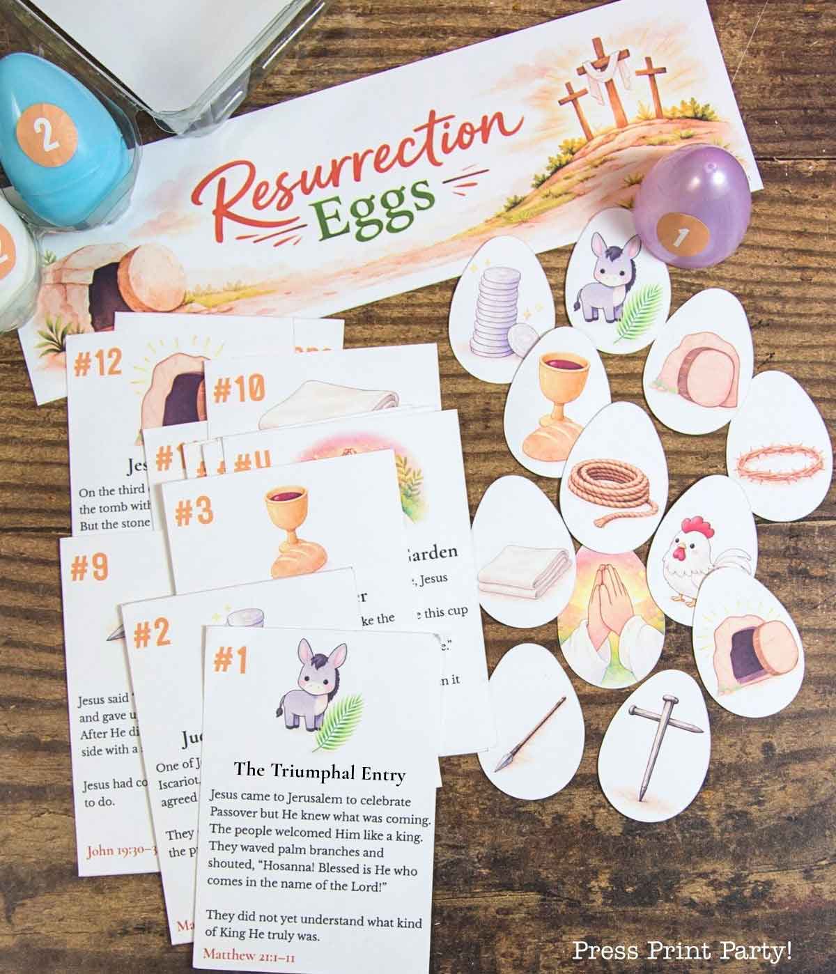 Resurrection Eggs printable set with egg-shaped story cards and coordinating Easter story cards for families