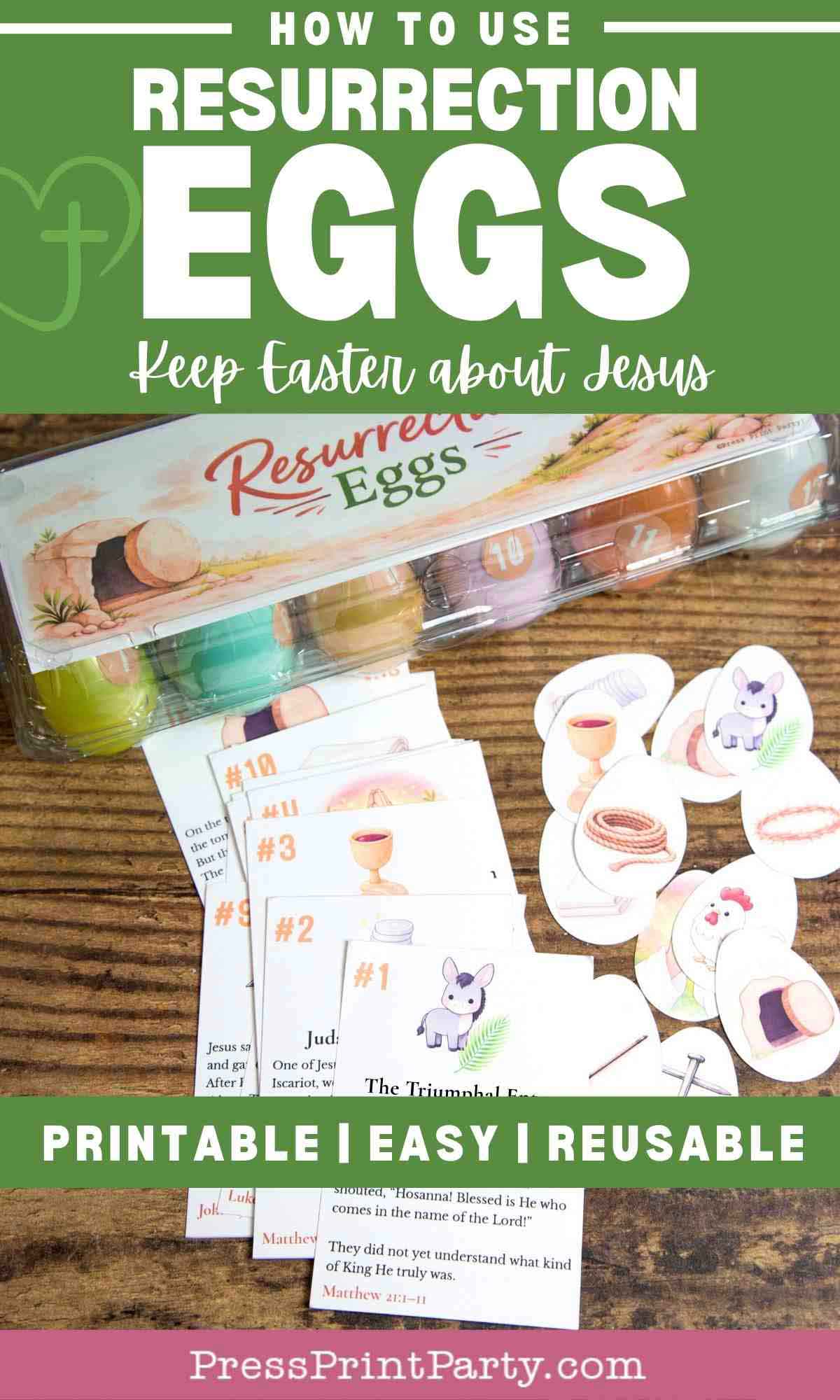 Resurrection Eggs printable set with egg-shaped story cards and coordinating Easter story cards for families