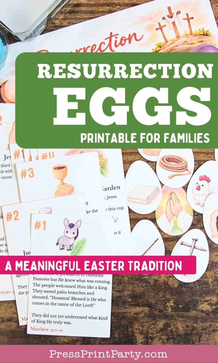 Resurrection Eggs printable cards with 12 egg-shaped images and matching story cards to tell the Easter story