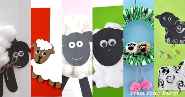 A collage of seven different sheep craft projects for kids, featuring materials like cotton balls, colored paper, googly eyes, yarn, and paint, displayed on various bright backgrounds.