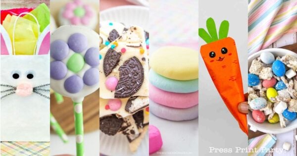 A collage of colorful Easter-themed crafts and treats, including a bunny bag, bunny cake pop, Oreo bark with candies, pastel cookies, a paper carrot craft, and a bowl of snack mix with blue and pink candies.