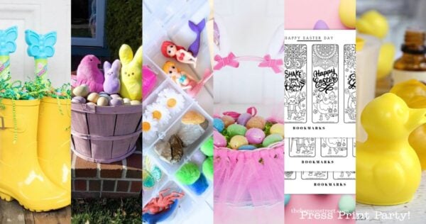 A collage of five colorful Easter craft ideas, including decorated yellow rain boots, a basket of eggs, mermaid-themed box, Easter bookmarks, and yellow bunny-shaped soap.