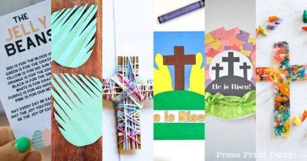 A collage of six Easter craft projects for kids, including a jelly bean poem card, palm leaf and yarn crosses, a purple crayon, a paper cross scene, a "He is Risen!" tomb, and colorful pipe cleaners.