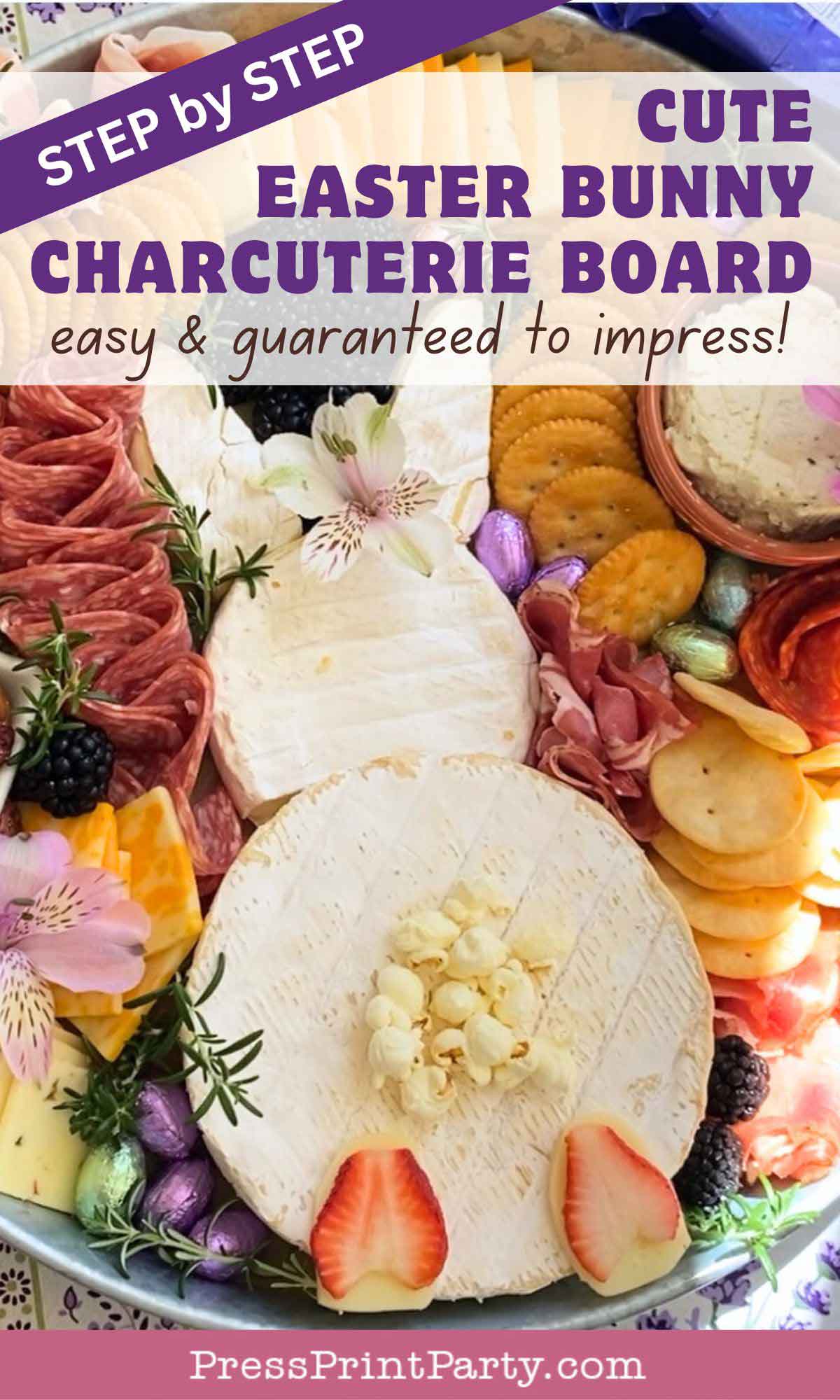 A festive Easter Bunny Charcuterie Board with sliced meats, assorted cheeses, crackers, fruits, and edible flowers. The centerpiece is a cheese wheel decorated as a bunny faceβperfect for your Easter gathering!.