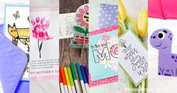 A collage of five colorful handmade Mother’s Day cards and crafts, including drawings, flowers, envelopes, handwritten notes, markers, and a purple dinosaur cutout, arranged on a bright background.
