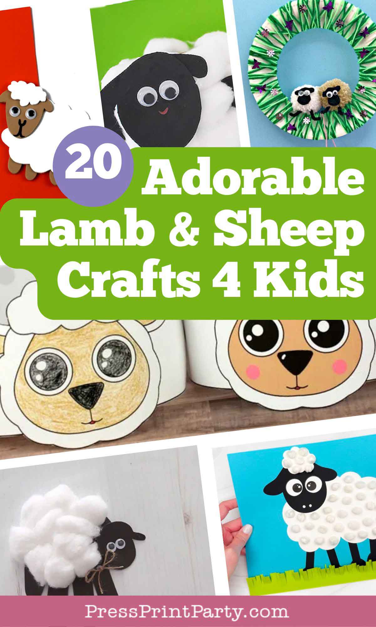 A colorful collage showing various sheep crafts for kids, including paper and cotton ball sheep, a wreath, and sheep faces, with the text "20 Adorable Lamb & Sheep Crafts 4 Kids" in bold letters.