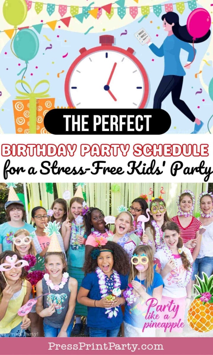 Colorful graphic with a large clock, balloons, and confetti at the top, promoting "The Perfect Birthday Party Schedule." Below is a photo of smiling children at a party, wearing fun props and holding treats.