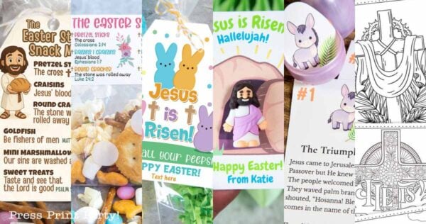 A collage featuring Easter-themed printables, including a snack mix recipe, easter favors like gift tags with bunnies and "Jesus is Risen" text, a coloring page of Jesus, and a Bible story sheet, all with pastel and spring designs.