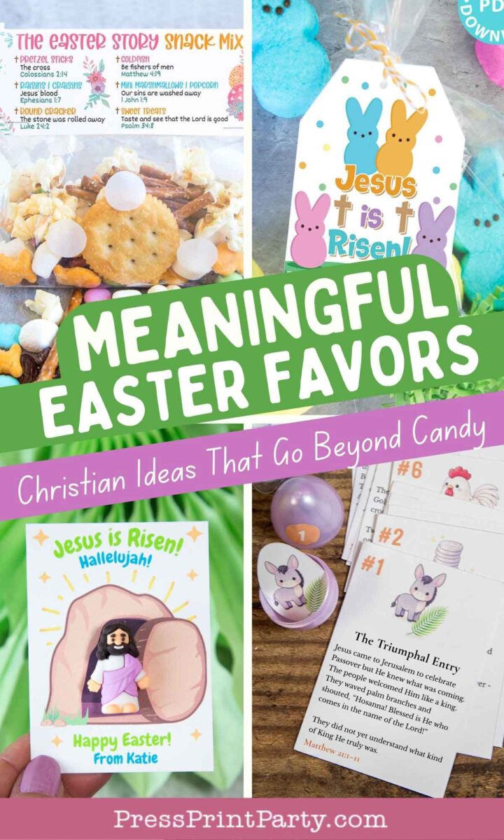 A collage of Easter favors, including snack mix, a "Jesus is Risen!" gift tag, cards with Easter messages, and activity cards—perfect for celebrating the true Christian meaning of Easter beyond just candy.