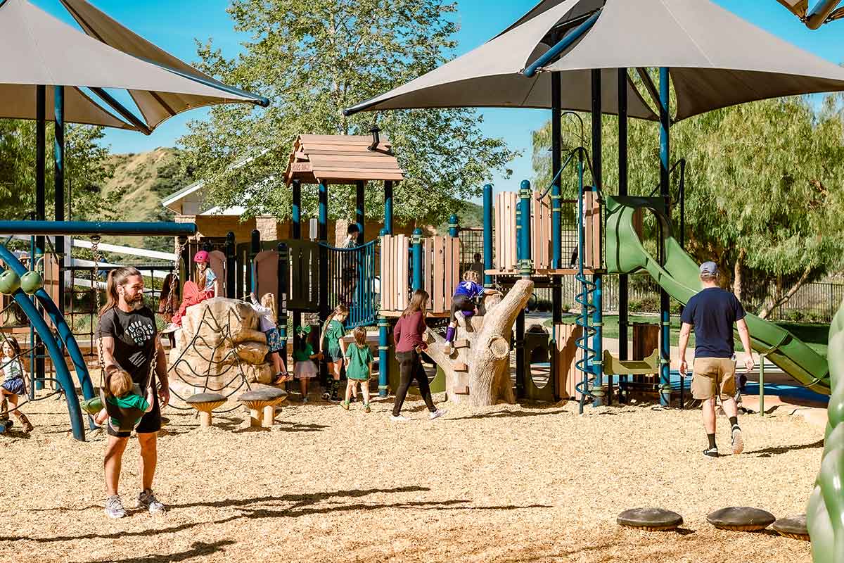 Children and adults enjoy a sunny day at a playground with slides, climbing structures, swings, and shade canopies—perfect for outdoor fun or even panda party ideas. Trees and a wooden fence are in the background with wood chips underfoot.