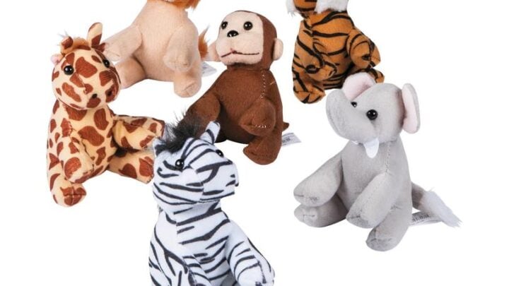 Six small plush toy animals arranged in a group, including a giraffe, lion, monkey, tiger, zebra, and elephant, all sitting upright on a white background.