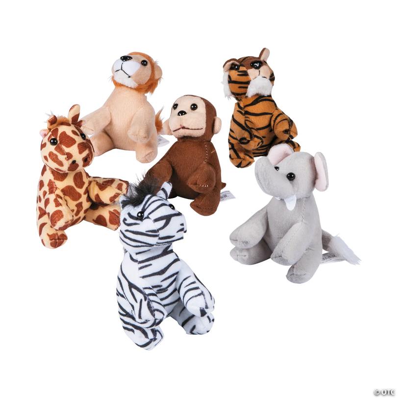 Six small plush toy animals arranged in a group, including a giraffe, lion, monkey, tiger, zebra, and elephant, all sitting upright on a white background.