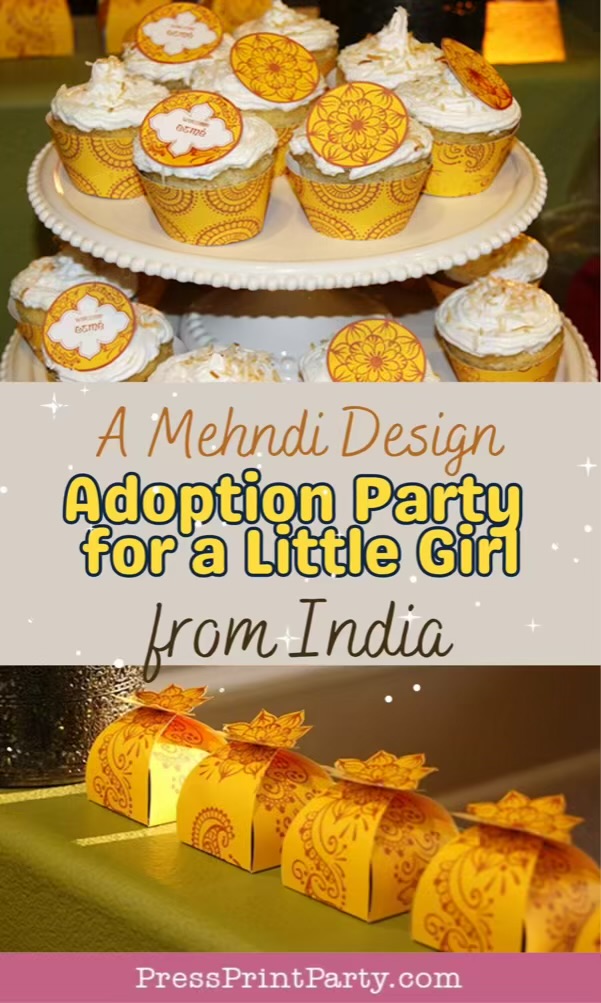 A display of yellow and gold mehndi-themed cupcakes and party favor boxes for a little girl's adoption party, with text: "A Mehndi Design Adoption Party for a Little Girl from India.