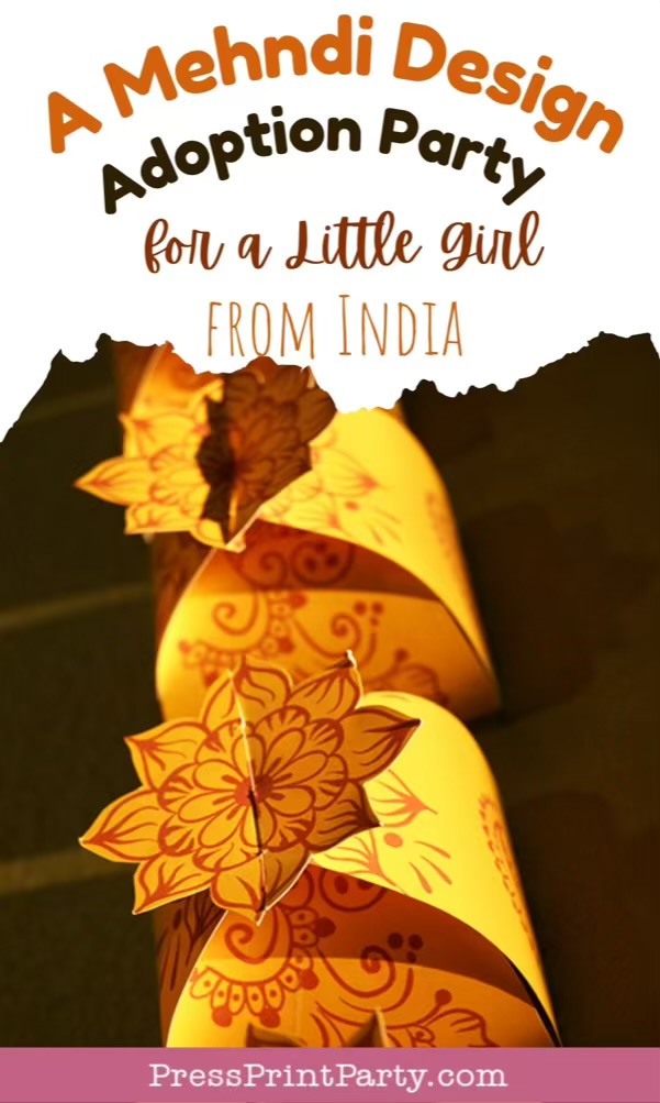 Yellow paper favors with mehndi designs and floral tops, with text: "A Mehndi Design Adoption Party for a Little Girl from India." The website "PressPrintParty.com" appears at the bottom.