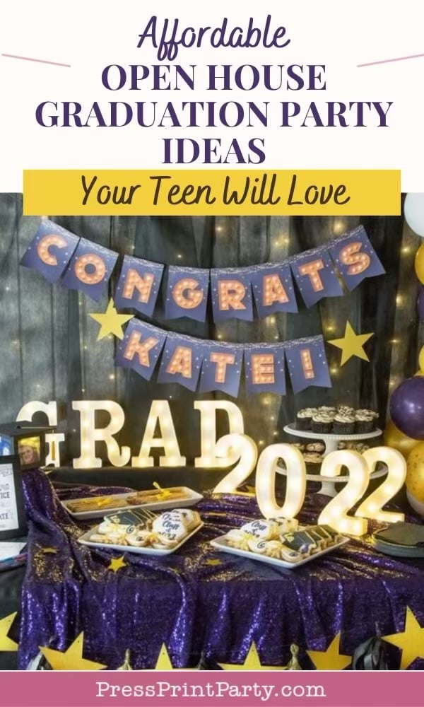A decorated table for a graduation party features a "Congrats Kate!" banner, "Grad 2022" light-up letters, purple and gold decorations, balloons, cupcakes, and star accents. Text overlays promote graduation party ideas.