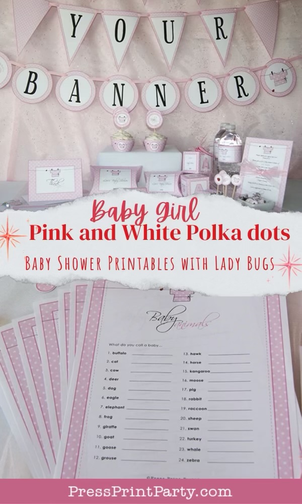 A pink and white polka dot baby shower display features banners spelling "Your Banner," ladybug-themed cards, printables, and decorations, highlighting a baby girl shower set from PressPrintParty.com.